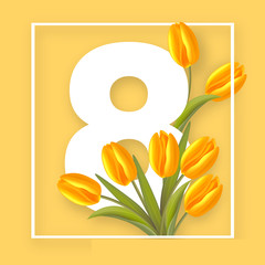 Hello spring, happy womens day, yellow tulips realistic vector illustration