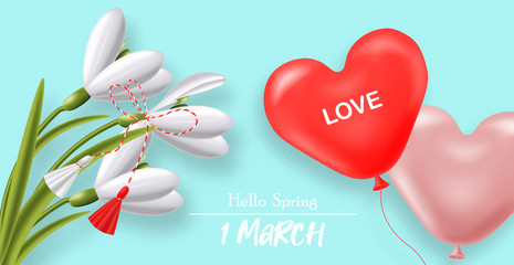 Hello spring, realistic snowdrop, martisor and balloons, blue background vector illustration