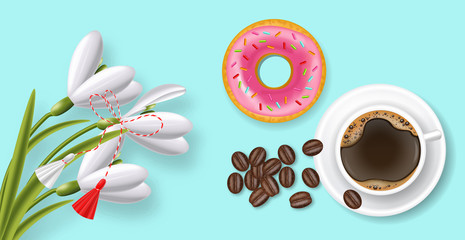 red and white martisor, snow drop, coffee and pink donut realistic, blue background vector illustration