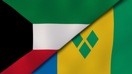 The flags of Kuwait and Saint Vincent and Grenadines. News, reportage, business background. 3d illustration
