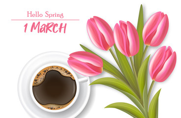 Pink tulips and black coffee realistic vector, white background
