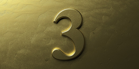 Naklejka premium Three, gold number 3. Shiny digit 3 on golden bright background. 3d illustration