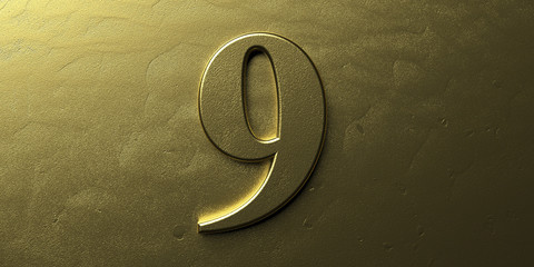 Nine, gold number 9. Shiny digit 9 on golden bright background. 3d illustration