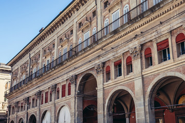 Facade of Banchi on the main square of historic part of Bologna, Italy