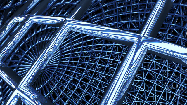 Blue spherical frame. Metal frame of a sphere made of iron rods close-up.