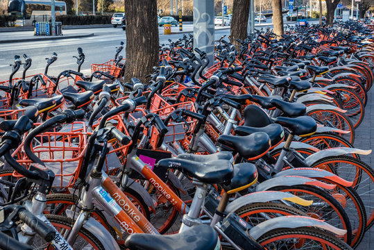 Beijing, China - February 9, 2019: Share system cycle for rent in central business district of Beijing city