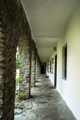 The veranda where you enter in the hermitage of the monks from the Neamt monastery. Romania.