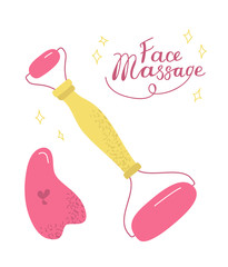 Home beauty routine essensials set. Vector hand drawn illustration and lettering. Gua sha,massage roller. Skin care products for SPA, beauty concept.