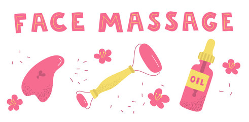 Home beauty routine essensials set. Vector hand drawn illustration and lettering. Gua sha, face oil, massage roller. Skin care products for SPA, beauty concept.