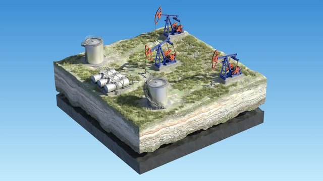 Oil pump jack at a drill site in a desert with oil barrels and refinery tanks on a floating island. Loopable 4K 3D render with mask/matte. Perfect for explainer or infographic.