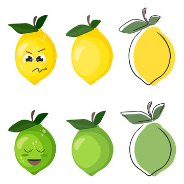 Cute yellow sour lemons and green limes. Emotions, cartoon face, juicy citrus, delicious. Great for postcards, stickers, fabric and textile. White isolated background. Vector illustration.