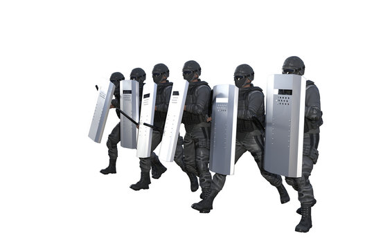 Police guards marching against riot isolated on white background - protest stopping concept, military 3D Illustration