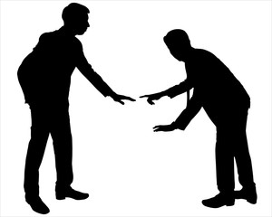 Two businessmen in suits in a meeting. Active emotions. Man leaning on the table with both hands and proves something. Guy holds one hand in his pocket, and the other gestures while talking. Vector.