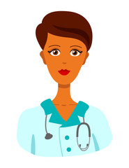 Woman brunette doctor with short brown hair and dark skin in a blue lab coat and with a stethoscope around her neck. Cartoon character. Vector graphics, illustration