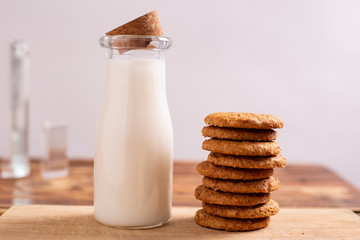 Breakfast with milk and wholemeal cereal biscuits. Ideas for healthy snack and breakfast.