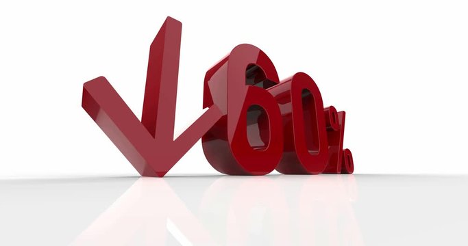Down Recession Arrow and Sixty 60 Percent Sign, Economic Crisis, Financial Crash, Red 60% Percent Discount 3d Sign on White Background, Special Offer 60% Discount Tag, Sale Up to 60 Percent Off, Sixty