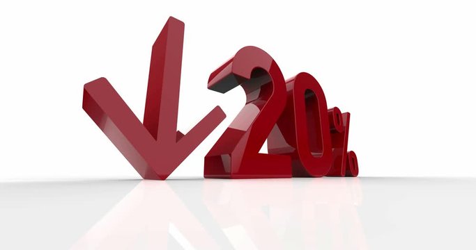 Down Recession Arrow and 20 Percent Sign, Economic Crisis, Financial Crash, Red 20% Percent Discount 3d Sign on White Background, Special Offer 20% Discount Tag, Sale Up to 20 Percent Off, &nbsp;Twenty&nbsp;Per