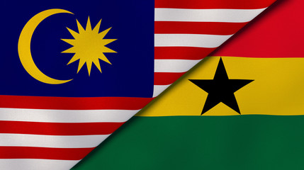 The flags of Malaysia and Ghana. News, reportage, business background. 3d illustration