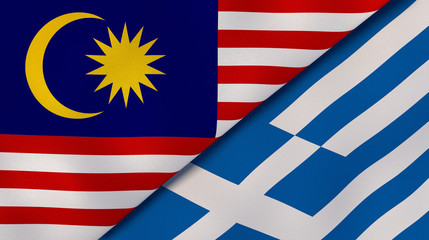 The flags of Malaysia and Greece. News, reportage, business background. 3d illustration