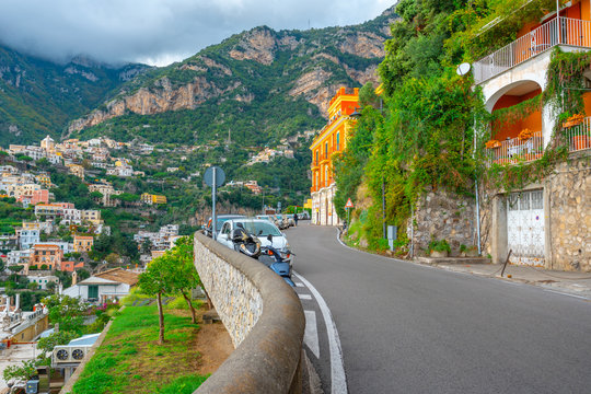 Typical narrow street and colorful houses in city of Positano, Amalfi coast