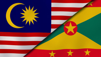 The flags of Malaysia and Grenada. News, reportage, business background. 3d illustration