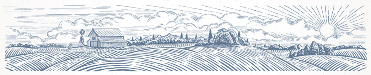 Rural landscape panoramic format with a farm. Hand drawn Illustration in engraving style.