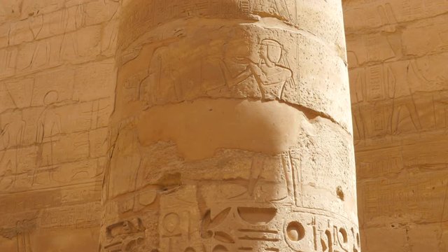 Some Drawings Are Destroyed But We Can Observe the Hieroglyphics That Were Made in the Egyptian Temple. Different Symbols Are Depicted on the Walls and Columns of the Building.