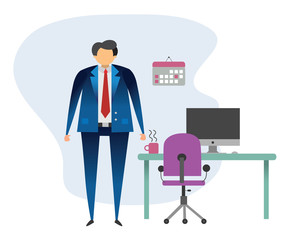 Business man standing in the office, in front of his desk, vector illustration.