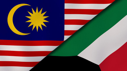 The flags of Malaysia and Kuwait. News, reportage, business background. 3d illustration