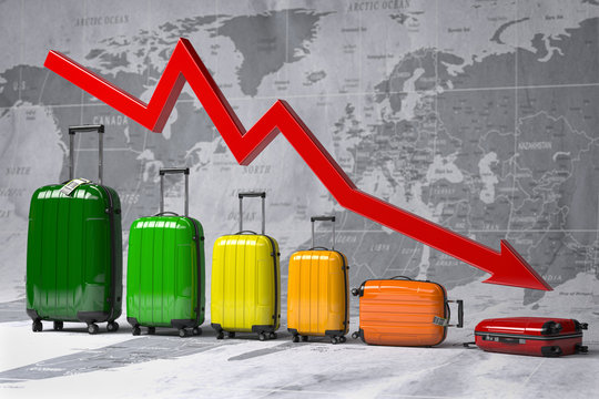 Crisis In Travel And Tourism Industry. Graph And Diagram From Suitcases On The Map Of World.