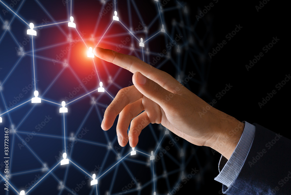 Poster connection between people. hand presses abstract button