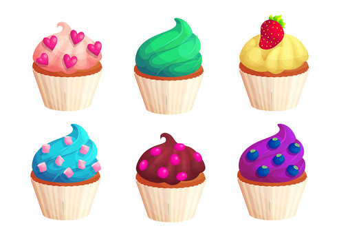 Sweet colorful cupcakes flat vector illustration set