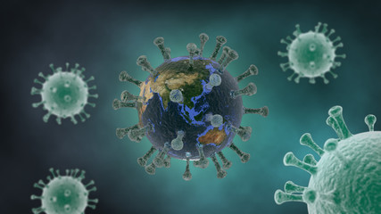 Planet earth covered by virus concept. 3D rendering for coronavirus covid-19 which is pandemic around the world