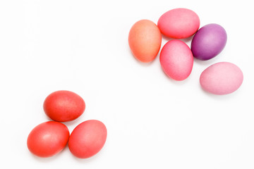 Easter multicolor eggs isolated on a white background. Rainbow. Copy space. Flat lay. Top view.
