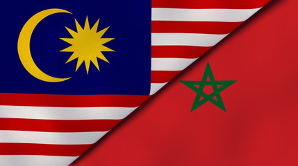 The flags of Malaysia and Morocco. News, reportage, business background. 3d illustration