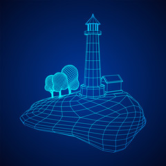 Lighthouse on rock stones island landscape. Navigation Beacon building. Wireframe low poly mesh vector illustration.