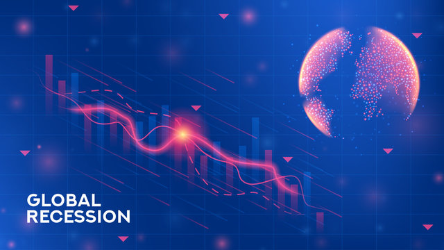 Global recession banner concept. Background concept with falling stock charts and financial diagrams. Vector illustration with 3d world globe on blue background.