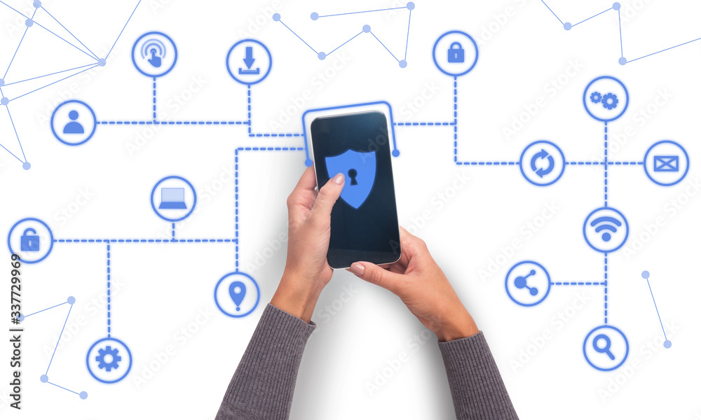 Poster Hand holds smartphone is protected from hacker attacks, viruses and spam