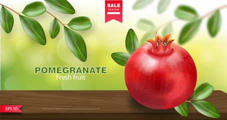 Pomegranate and green leaf, fresh fruit realistic, organic fruit, pomegranate banner