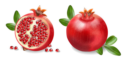 Pomegranate, fresh fruit realistic isolated white background, organic fruit