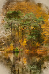 Obraz premium Beautiful colorful vibrant Autumn Fall landscape image of Blea Tarn with golden colors reflected in lake