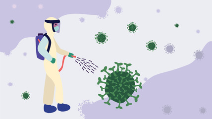 Concept of Disinfecting Coronavirus Cells. Illustration of medical staff spraying disinfectant to kill covid 19 virus and bacteria