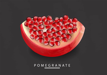 Red pomegranate realistic, fresh fruit isolated, black background, pomegranate banner