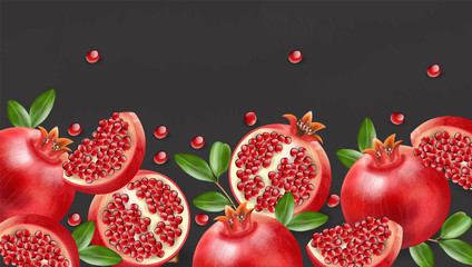 Red pomegranate realistic, fresh fruit isolated, black background, pomegranate banner