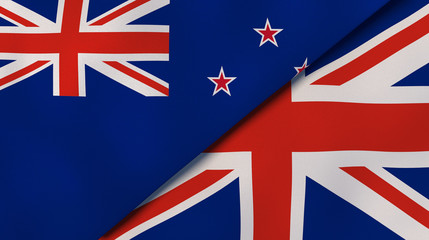 The flags of New Zealand and United Kingdom. News, reportage, business background. 3d illustration