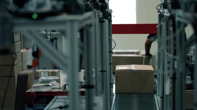 Parcels are picked up by operators on the packaging line in a warehouse. Parcels wait on the conveyor to be shipped. Automation of online shipping logistics
