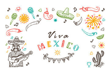 Viva Mexico Vector Greeting Card with Hand drawn doodle Mexican man with Guitar, Sombrero, Cactus, Maracas, Sun, Pepper Chili, Nachos, Firework, Bunting Flags. Mexican holiday
