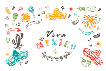 Viva Mexico Vector Greeting Card with Hand drawn doodle Sombrero, Cactus, Maracas, Sun, Pepper Chili, Nachos, Firework, Bunting Flags. Mexican holiday
