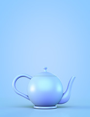 Blue ceramic teapot on a blue background.
