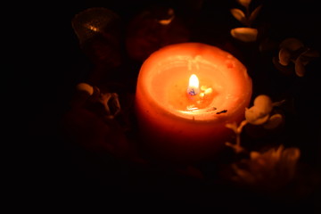 Close up view of pink candle with dark background at the back with space to add text